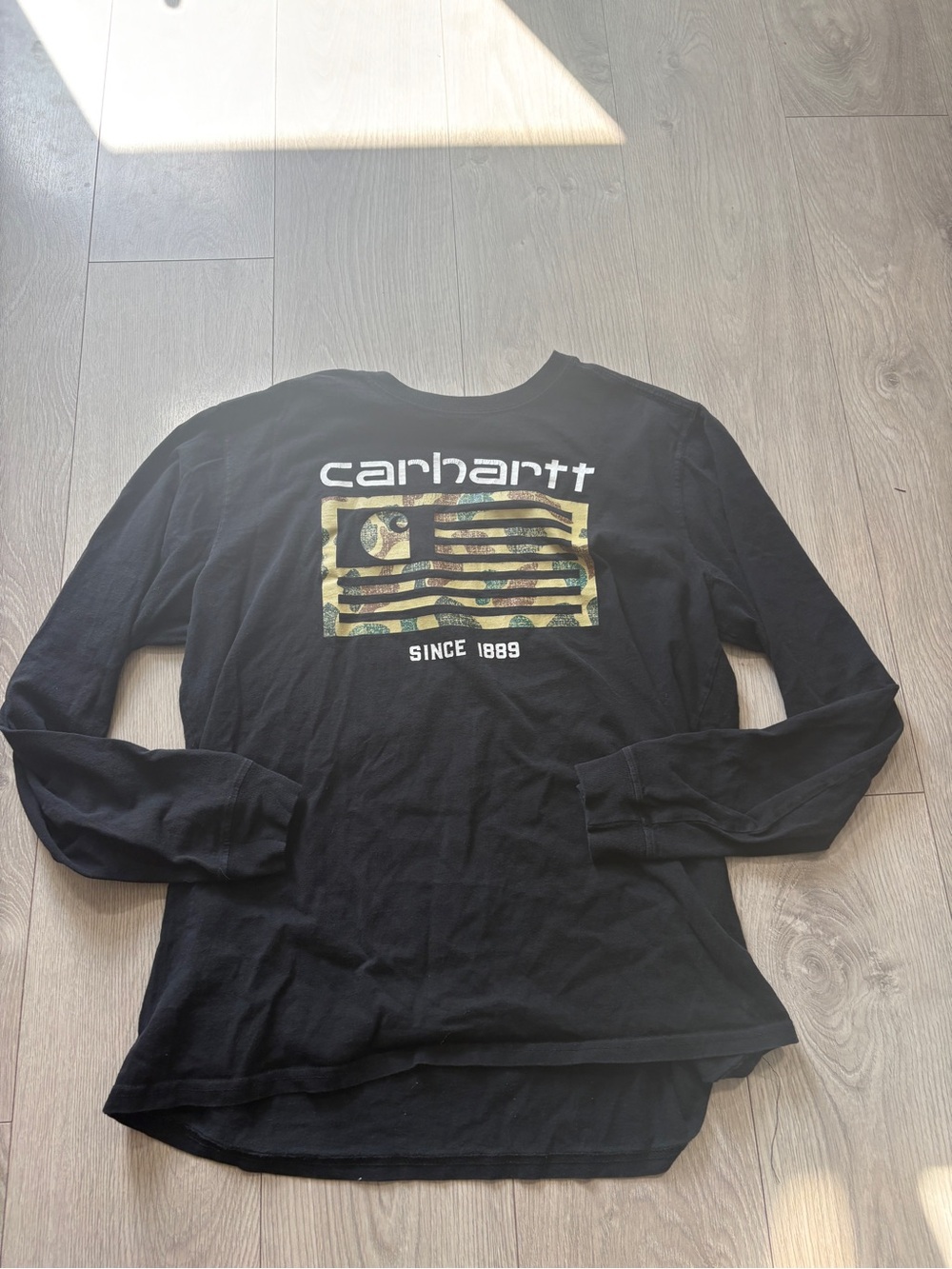 Carhartt Black Long-Sleeve Tee with Camo Flag Graphic